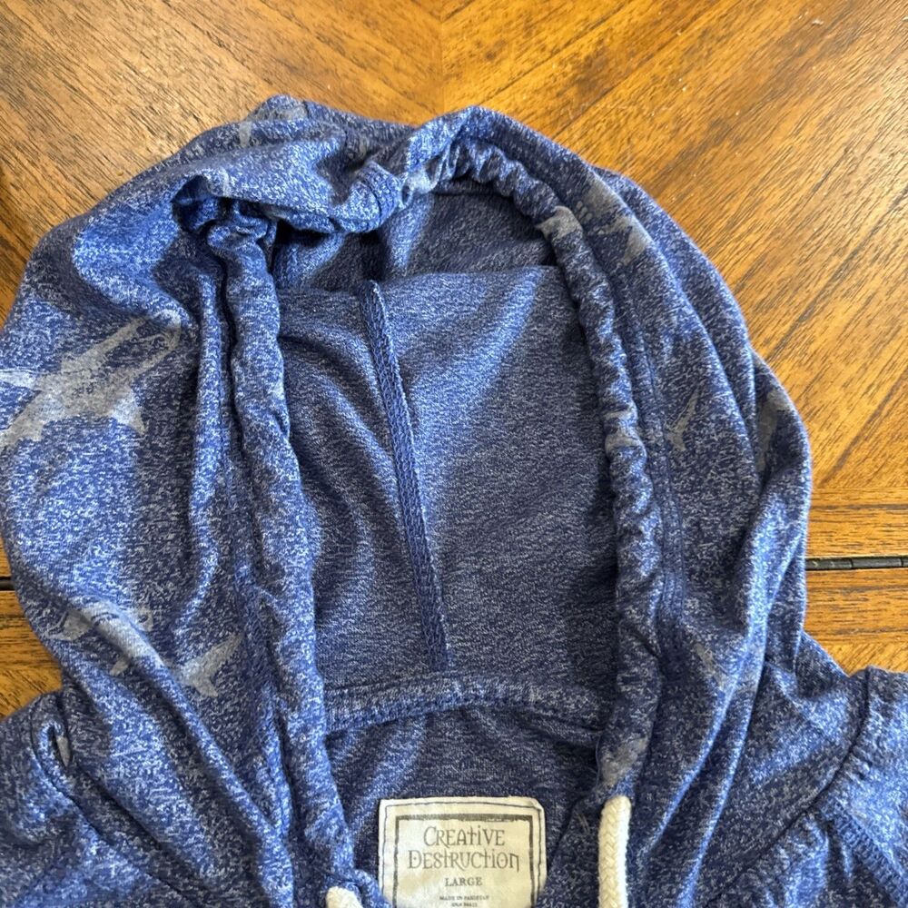 Creative Destruction Blue Shark Design Hoodie TShirt Size L Womens GUC - Picture 6 of 9
